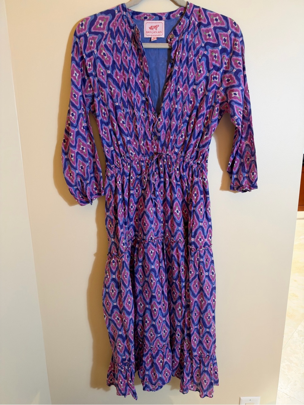Banjanan Geometric Ikat Printed Cotton Midi Dress Purple Multicolor